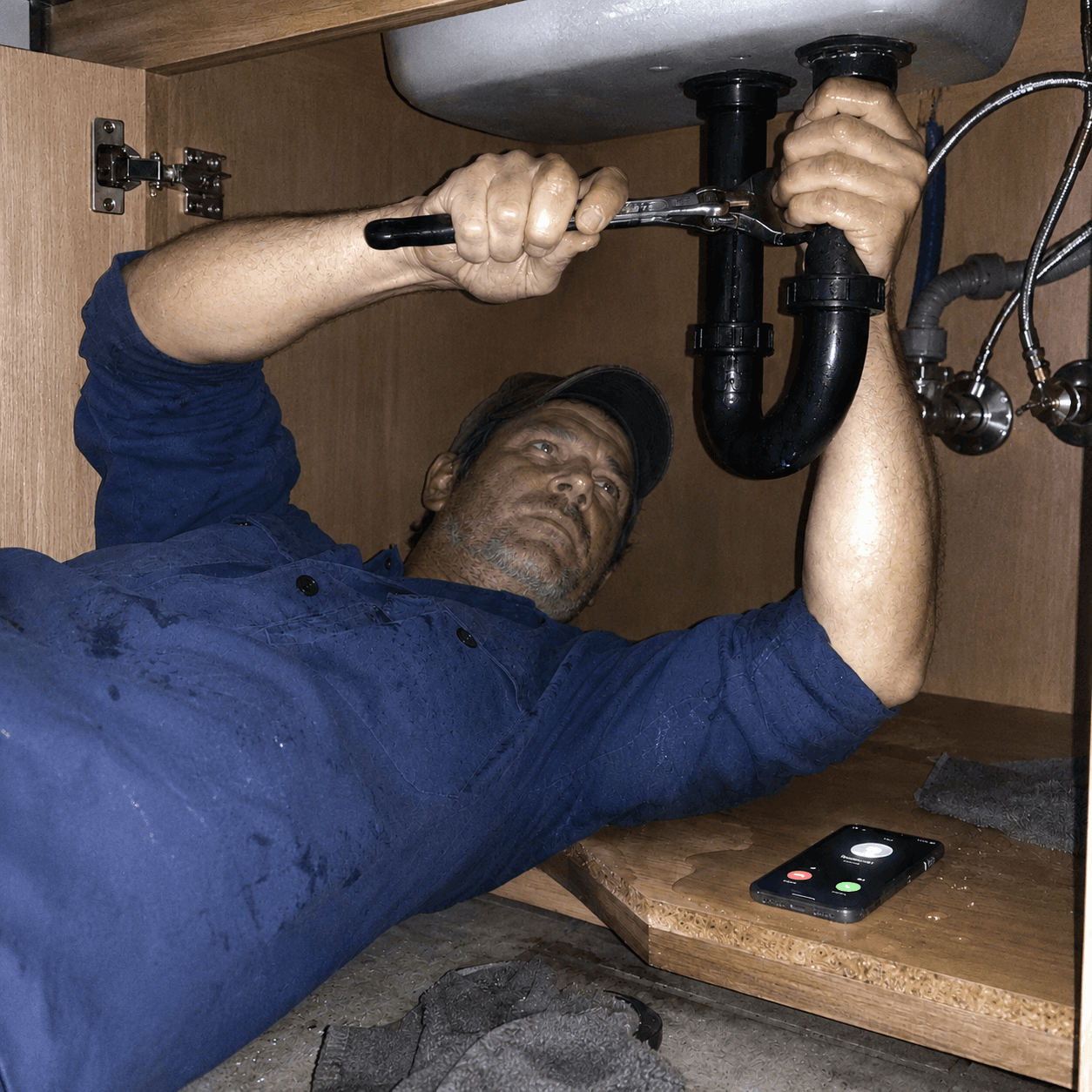 A plumber working under a kitchen sink as a call lights up his phone on the cabinet floor